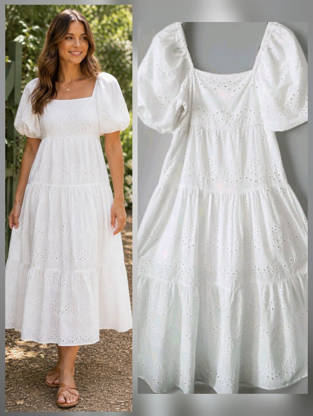 Meadow Rhodes Women's Eyelet Maxi Dress Puff Sleeve Cotton Smocked White Size S